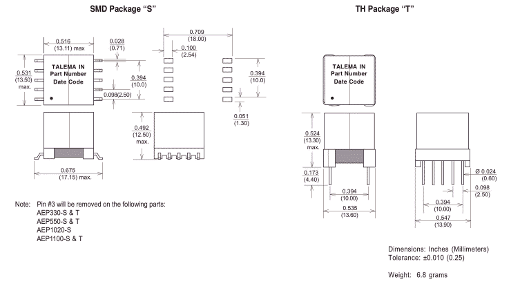 Packaging and Dimensions - EP13 Style ADSL Transformers